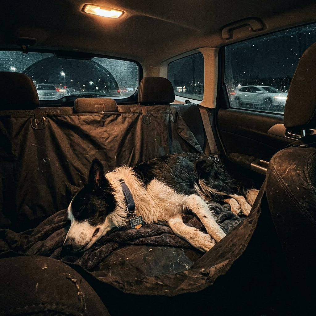Border collie sleeping on a RoadWag dog hammock during a night drive