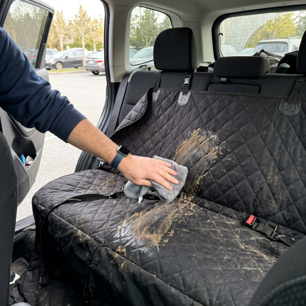Mud being wiped off a RoadWag dog car seat cover with a cloth