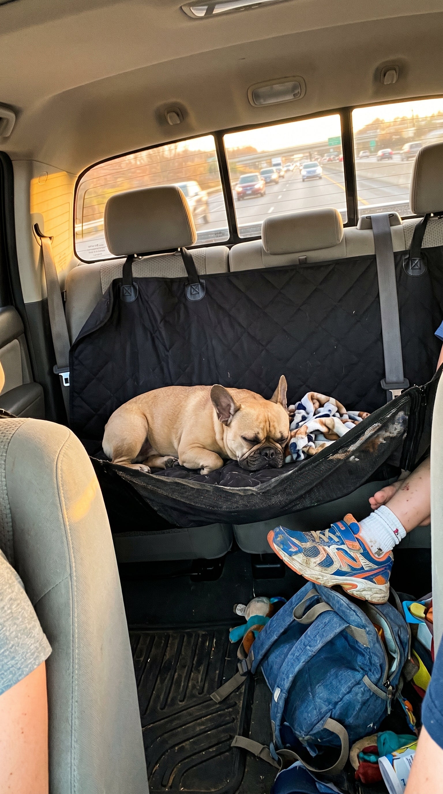 French bulldog sleeping in a RoadWag backseat hammock during a road trip