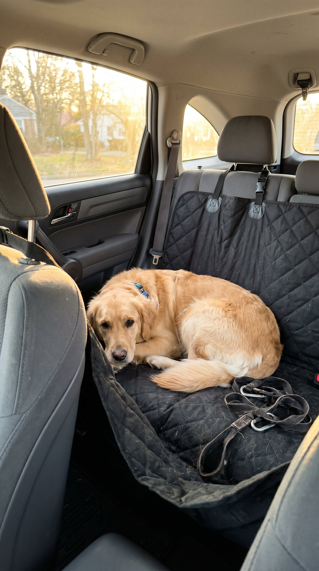 Golden retriever resting on a RoadWag dog car seat cover in the back seat