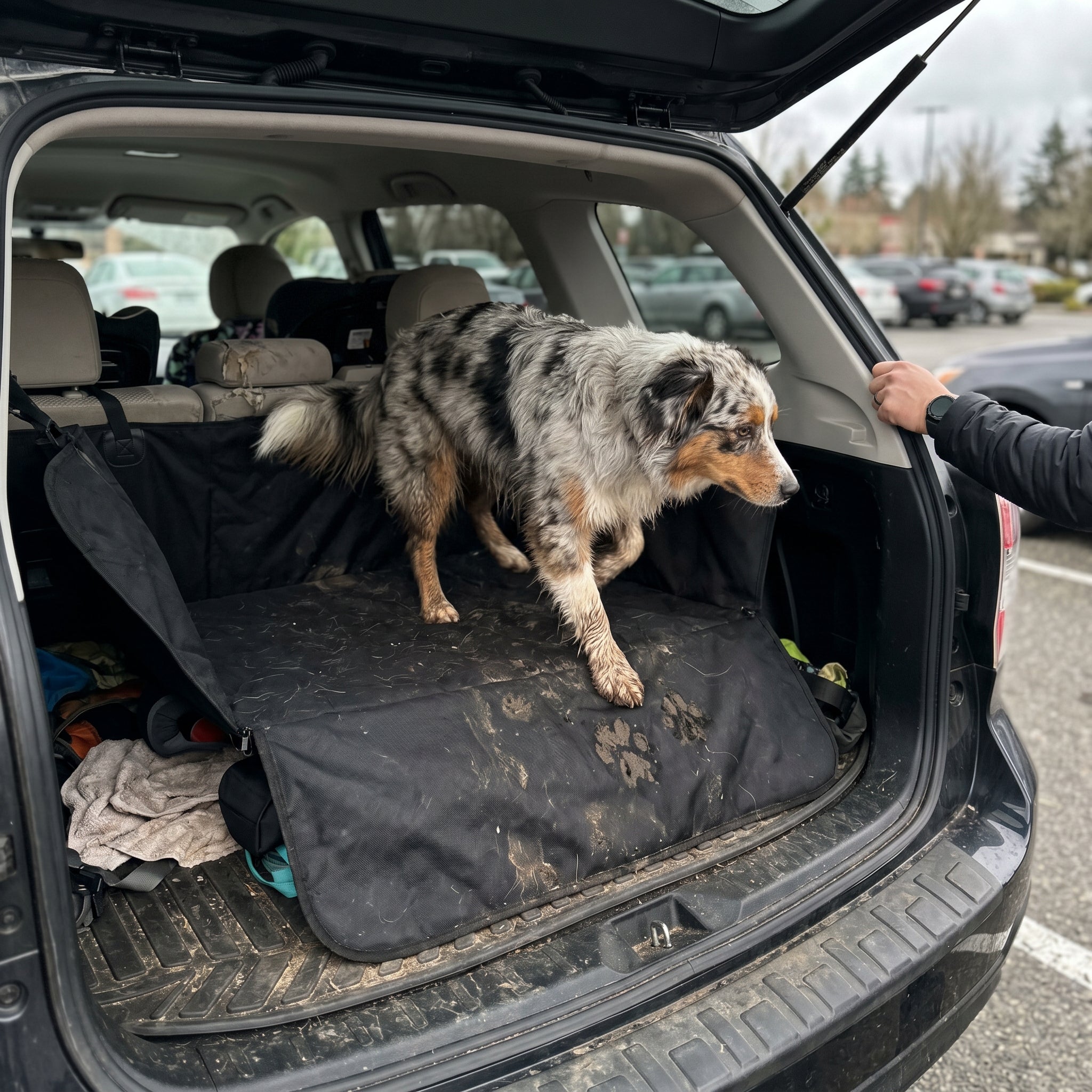 Dog standing on a RoadWag seat cover in the cargo area of an SUV