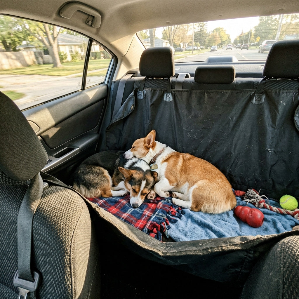 Two corgis curled up on a RoadWag backseat dog hammock